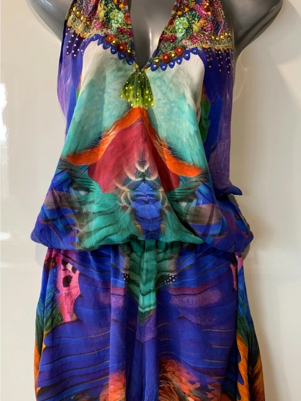 Camilla Multicolor Halter Backless 100% Silk Romper with Swarovski Crystals - Picture 2 of 11